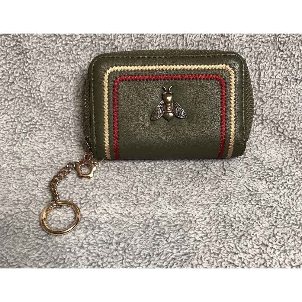 Gostwo‎ Olive Army Green Stripe Zip Around Wallet with Bee Keychain Credit Card